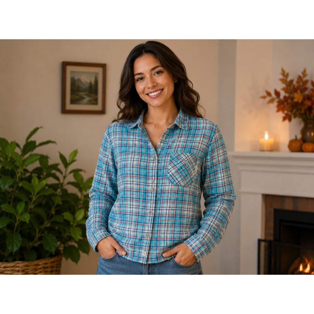 Field Stream Flannel Button Down Shirt Womens M Blue Plaid Long Sleeve Cotton‎